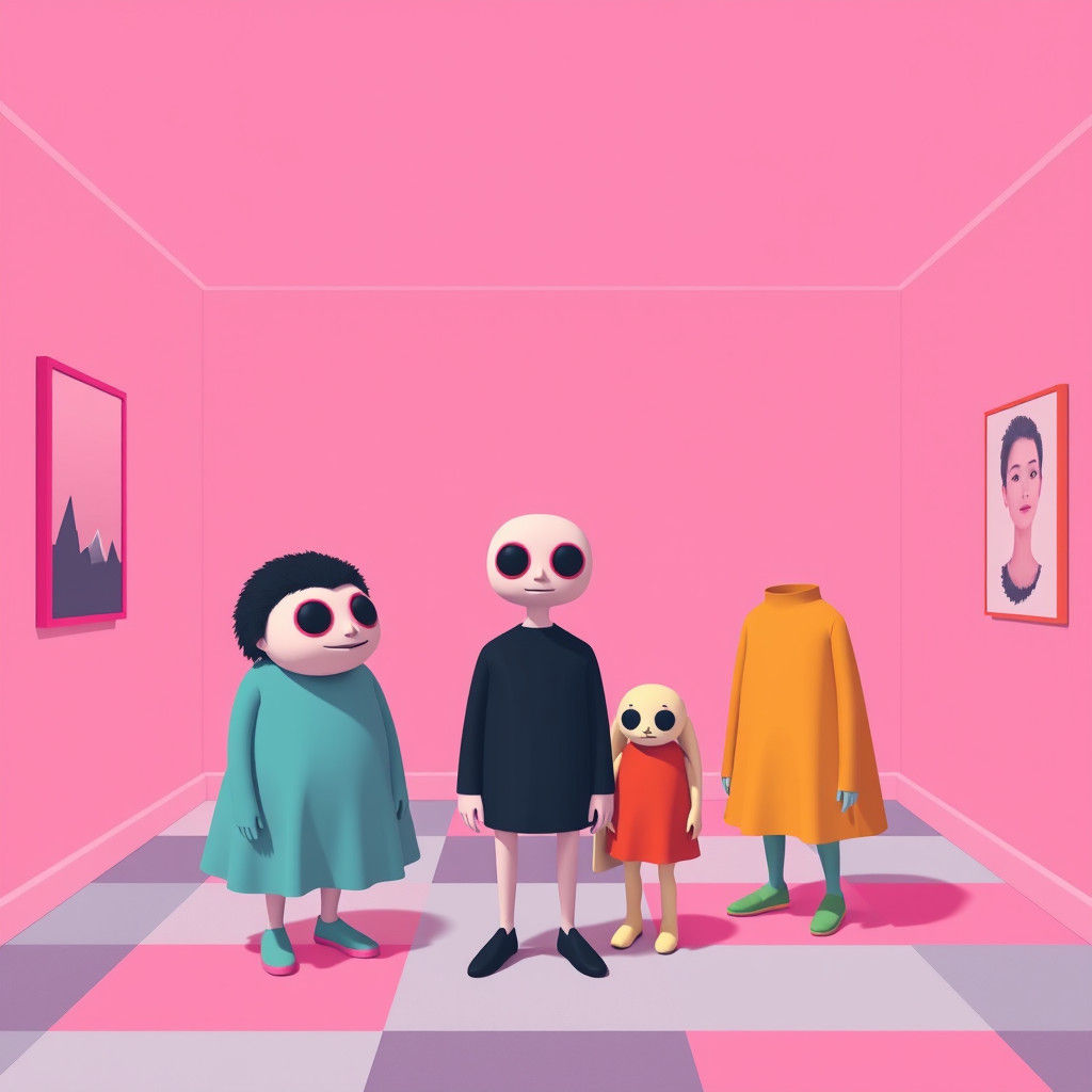 Friendly Characters in Surreal Room: Pop Art Digital Illustr...