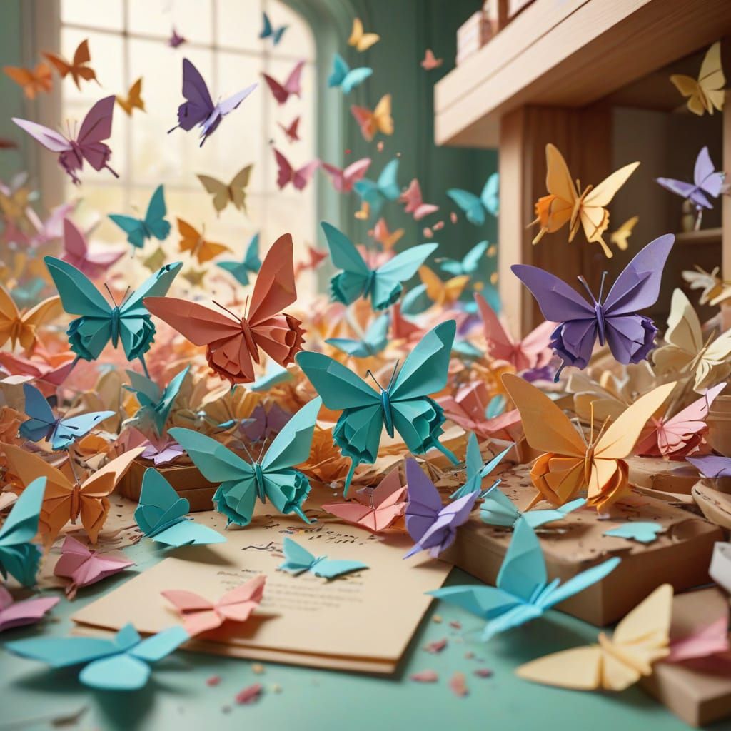 Origami Bakery Scene with Paper Butterflies and Birds
