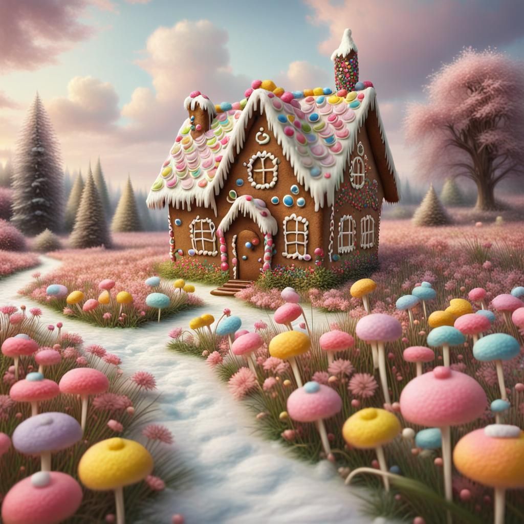 Candy Covered Gingerbread House in Flower Meadow
