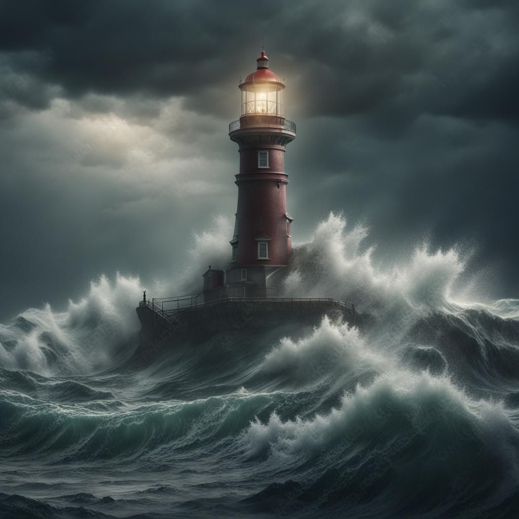 Dramatic Lighthouse Scene with Large Waves