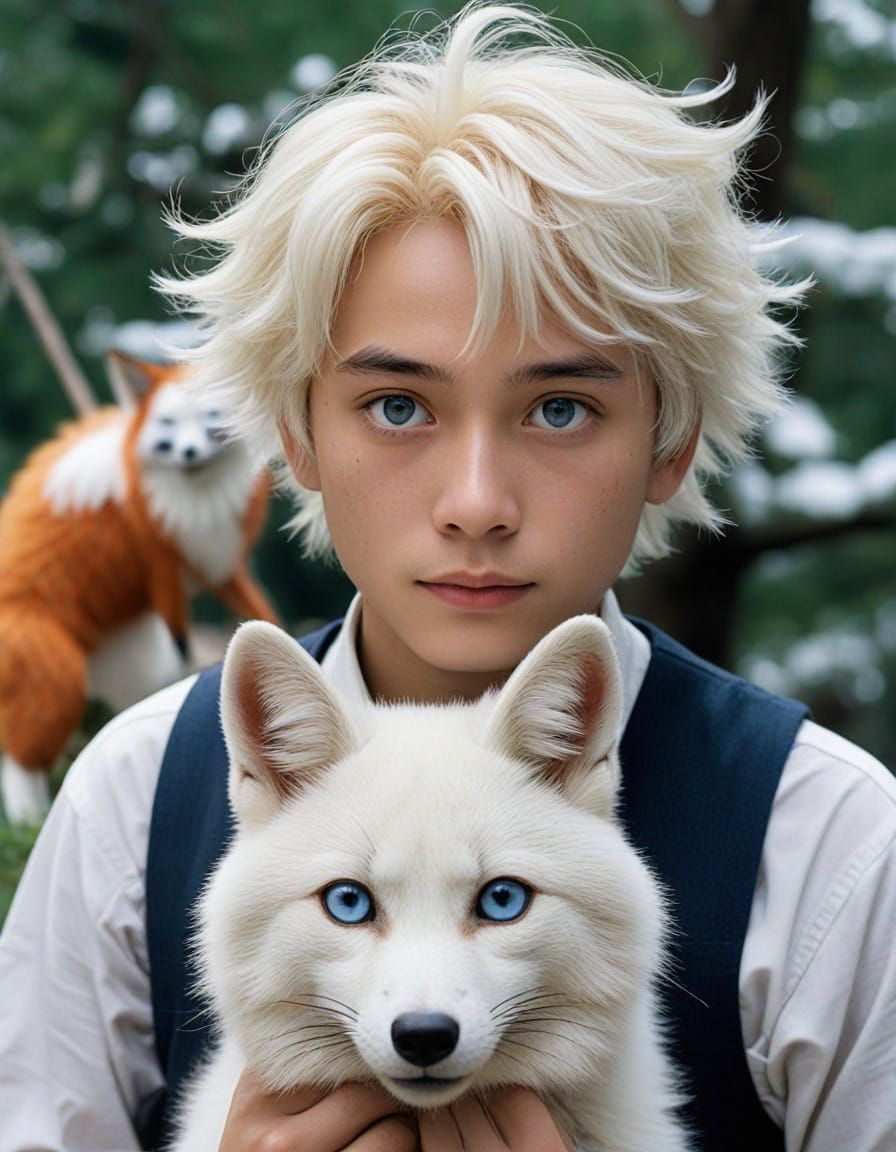 Whimsical Boy and Fox in a Studio Ghibli-Inspired Scene
