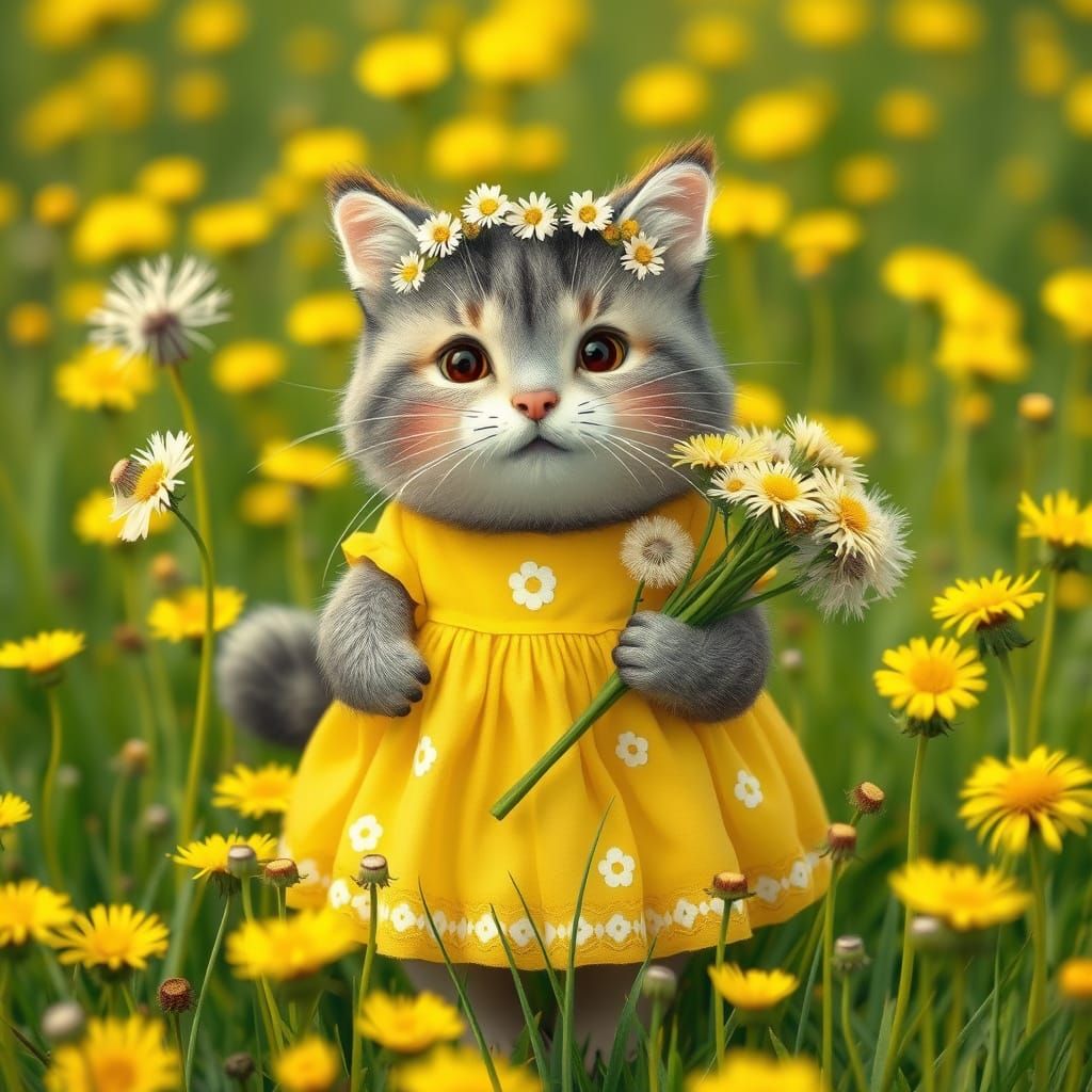 Pusheen Among Dandelions in Whimsical Garden