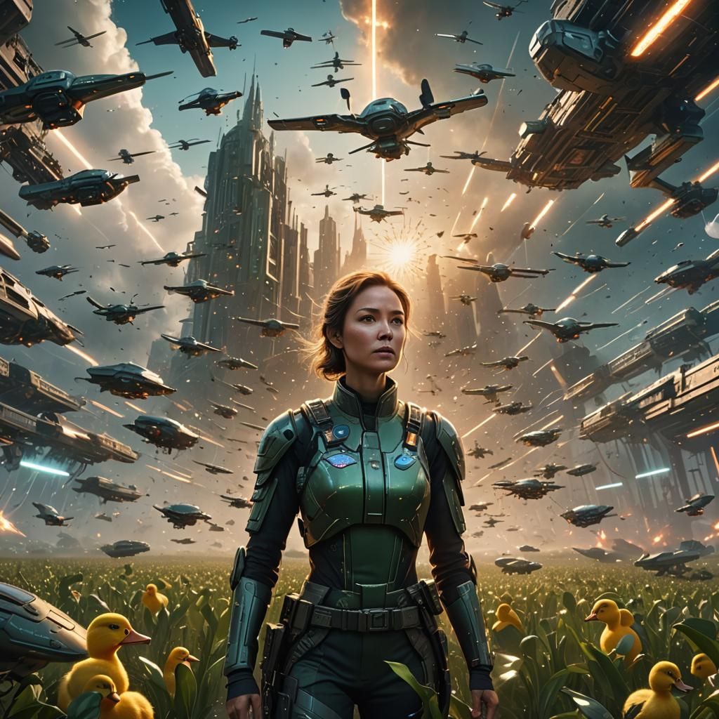 Futuristic Space General Commands Duck Drones in Battle