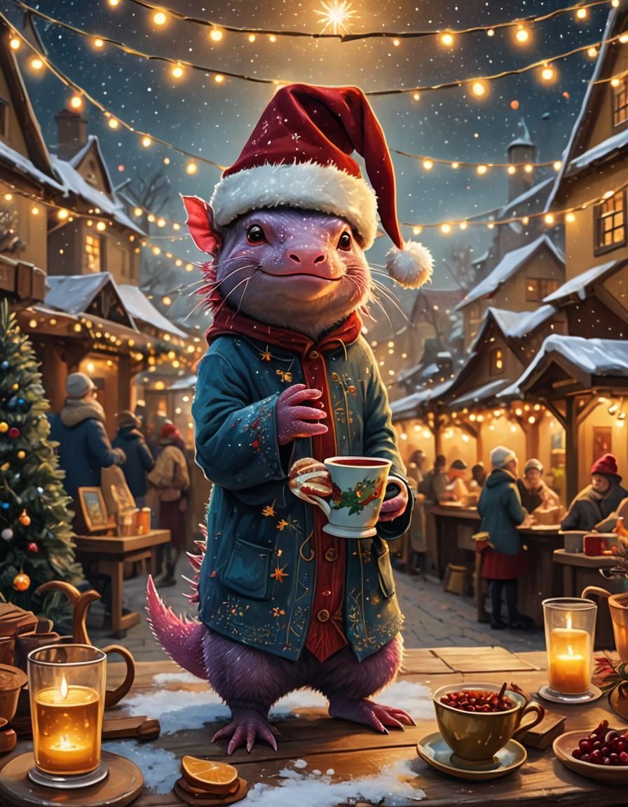 Festive Axolotl at Christmas Market in Digital Art