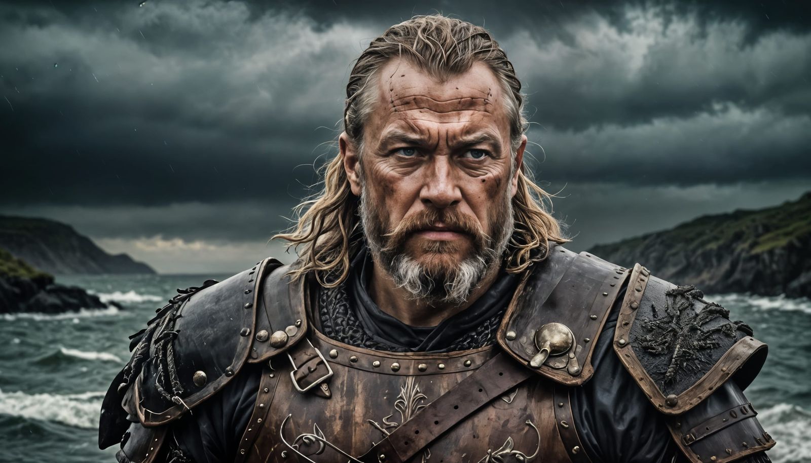 Viking Warrior Portrait on Stormy Shoreline
