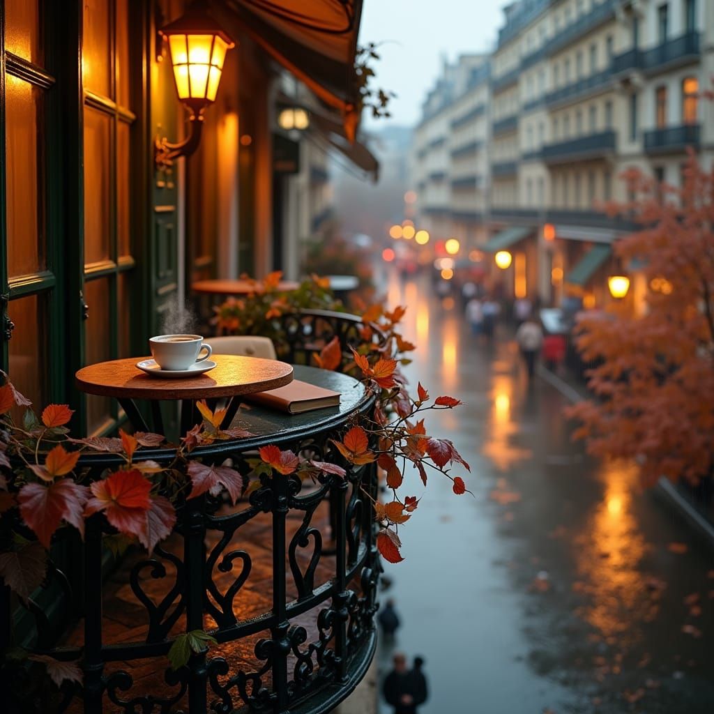 Cozy Parisian Cafe Balcony in Autumn Rain