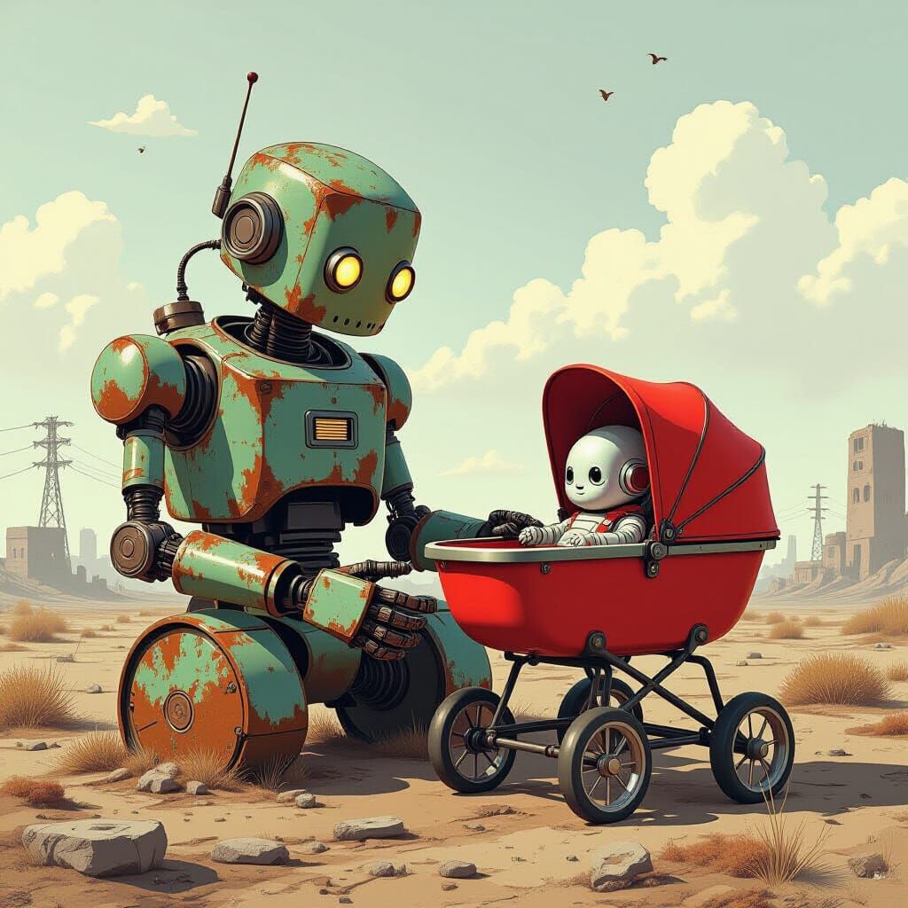 Robot Cradling Baby in Post-Apocalyptic Scene