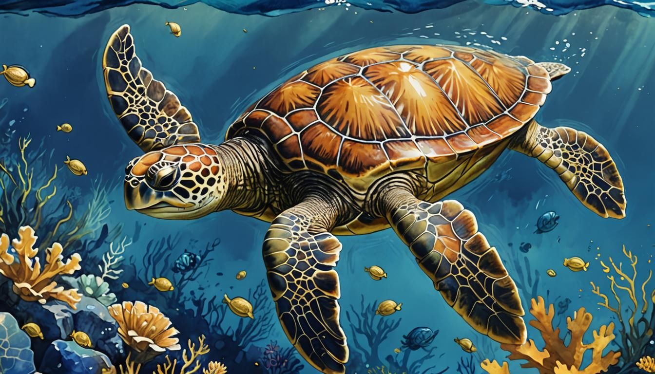 Golden Sea Turtle in Blue Waters, Watercolor Portrait