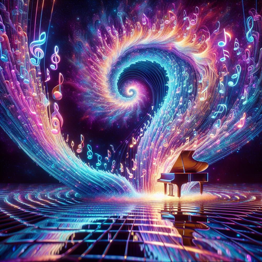Cosmic Waterfall of Musical Notes in Surreal 3D