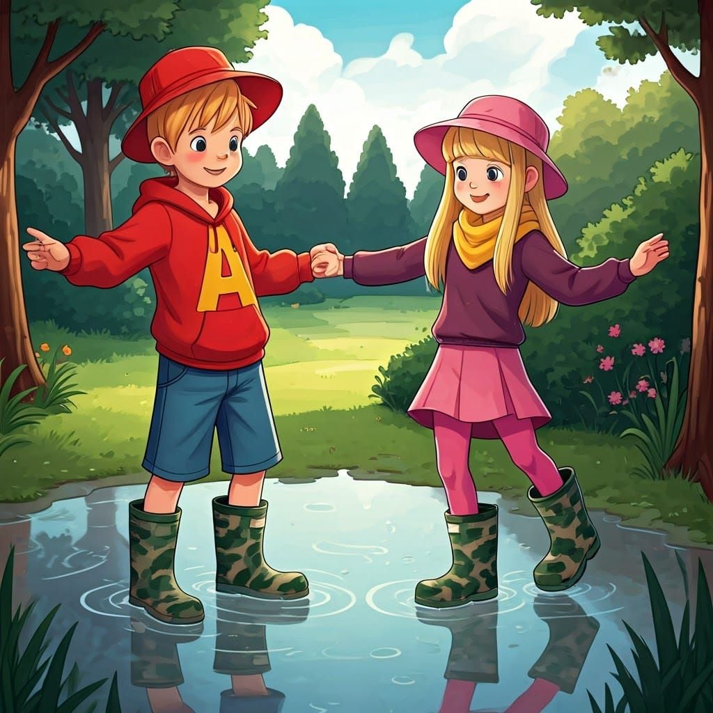 Children Dancing in a Puddle, Rainy Day Fun