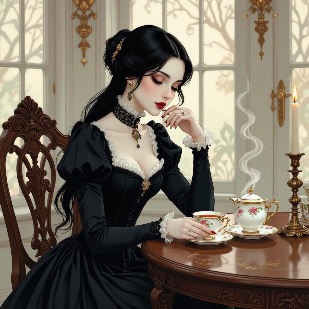 Melancholy Woman with Tea: Art Nouveau Style