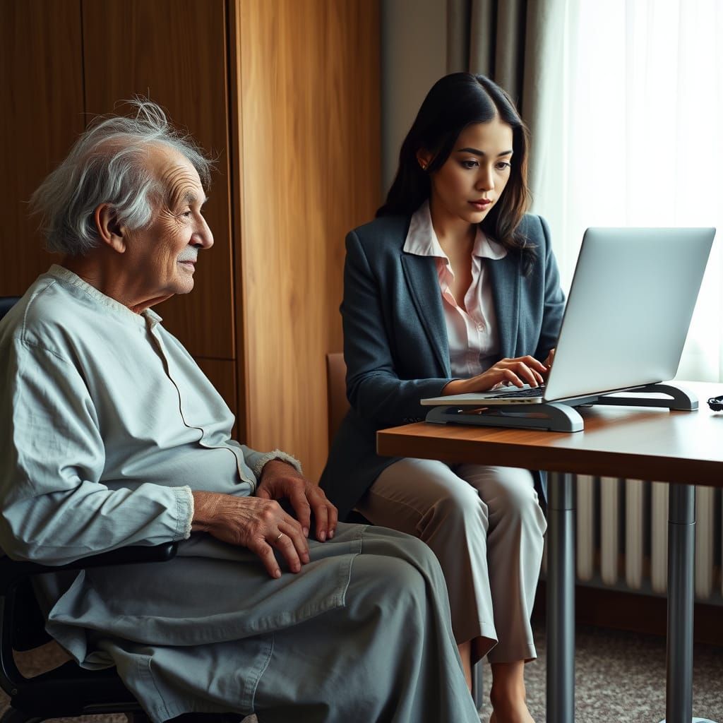 Elderly Man Contemplates Young Woman in Hospital Setting