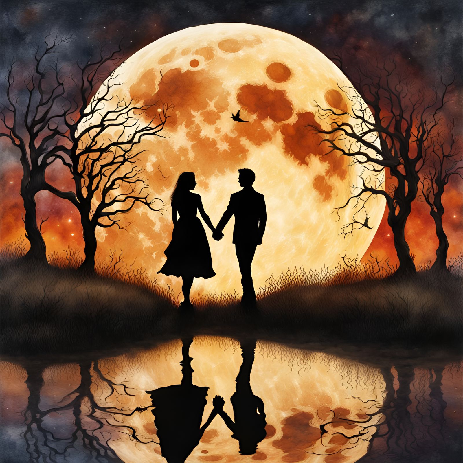 Silhouette Couple Under Harvest Moon: Gouache Painting