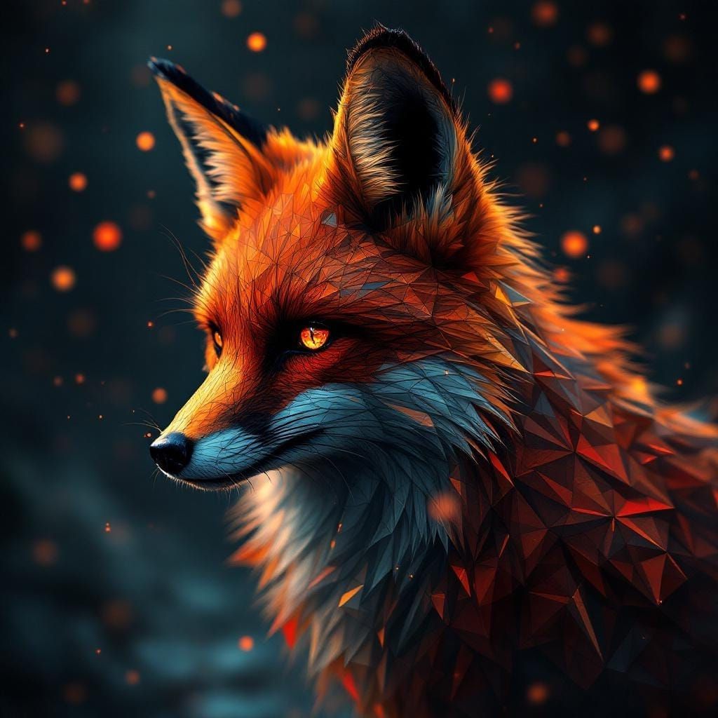 Geometric Fox in Dark Fantasy Style with Fairy Lights