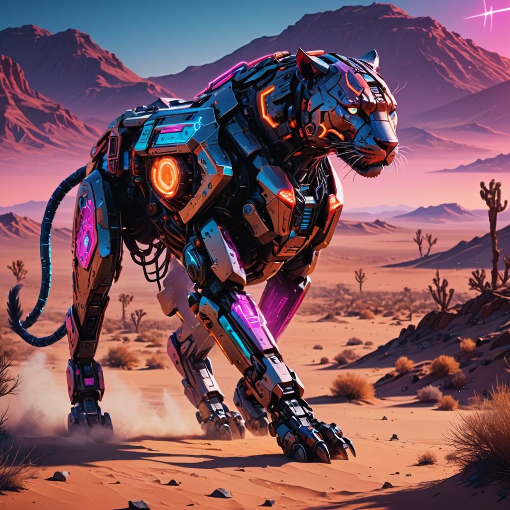 Mecha Panther in Cyberpunk Desert Landscape