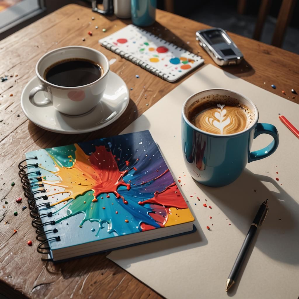 Hyperrealistic Coffee and Notebook Still Life