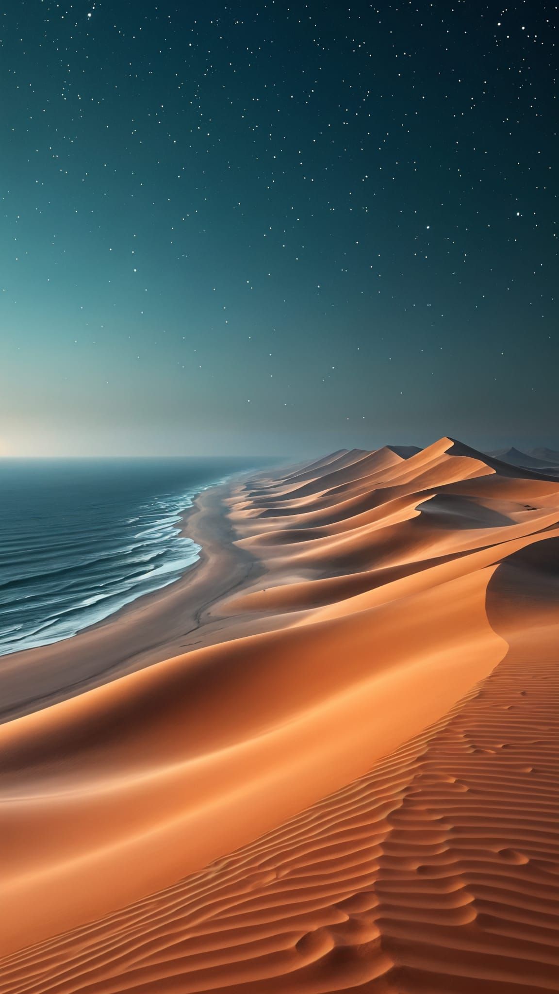 Surreal Landscape of Arid Desert and Calm Ocean Under Starry...
