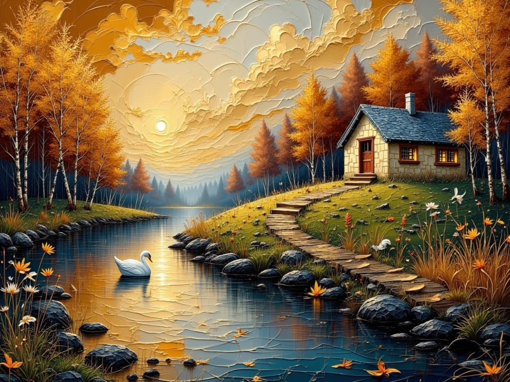 Cozy Cabin with Swan in Stream, Impasto Painting