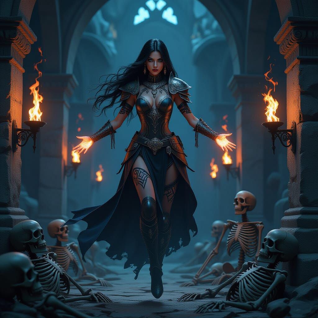 Fantasy Necromancer Revives Skeletons in Mausoleum
