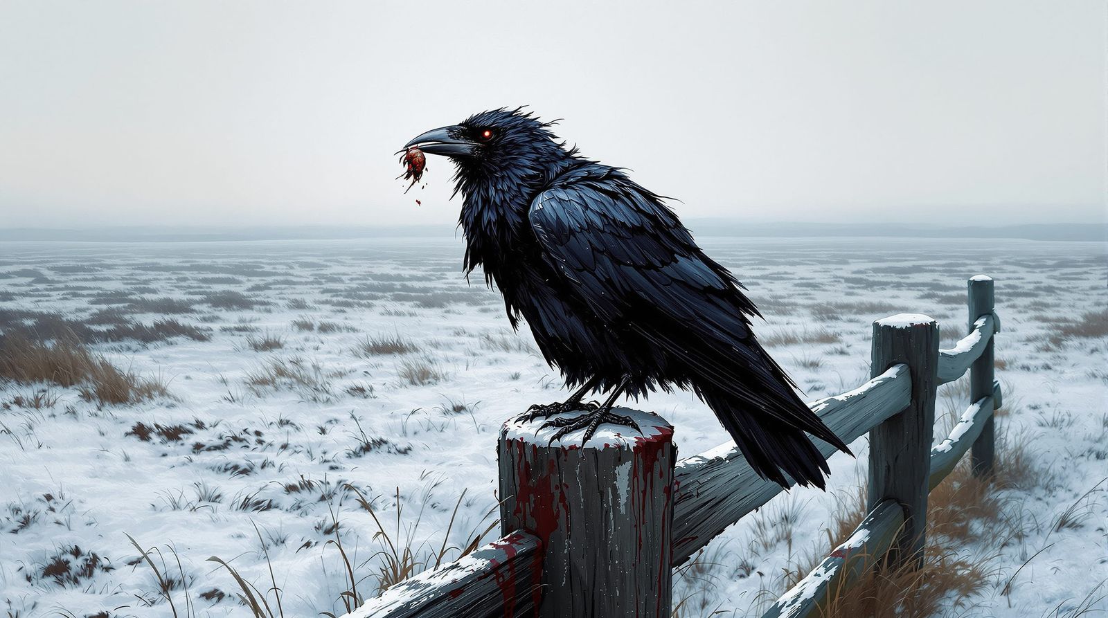 Dark Fantasy Crow on Fence Post in Snow