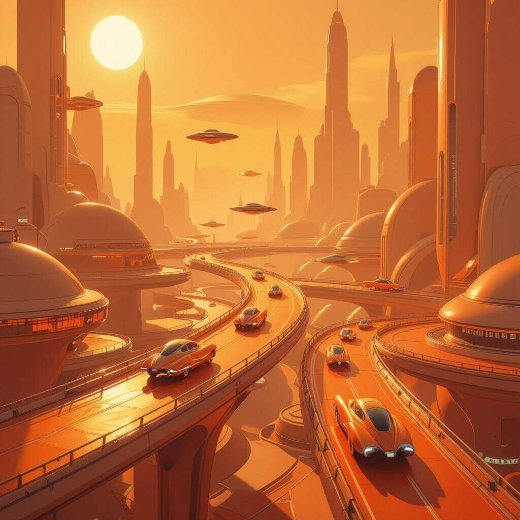 Orange Retro-Futuristic Cityscape with Levitating Vehicles