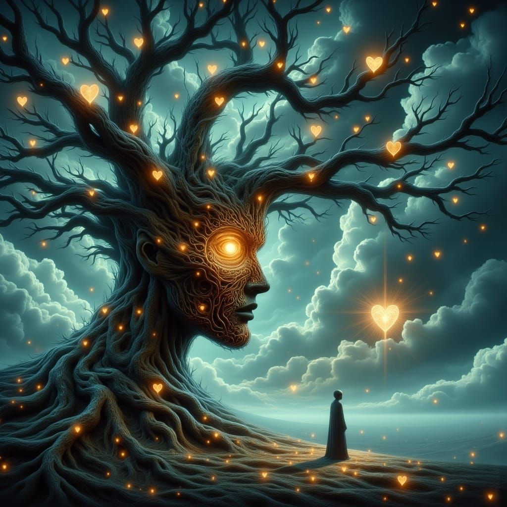 Dreamlike Surrealist Tree with Twisted Human Face and Glowin...