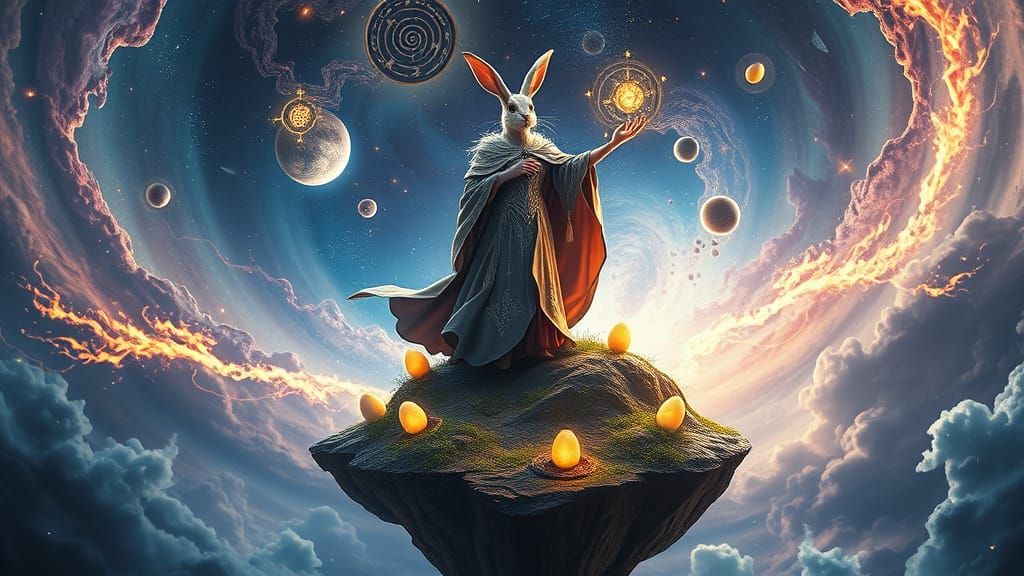 Easter Bunny Sorceress Casts Cosmic Spell Amidst Nebula