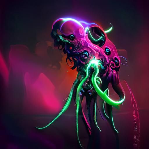 Neon Eldritch Octopus Digital Art