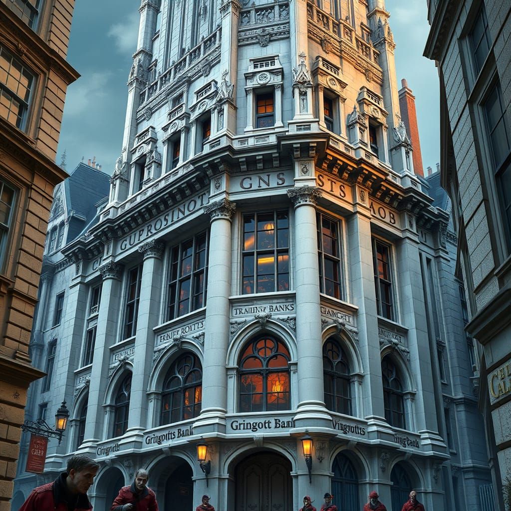 Gringotts Bank Looms Over Diagon Alley in Dark Fantasy