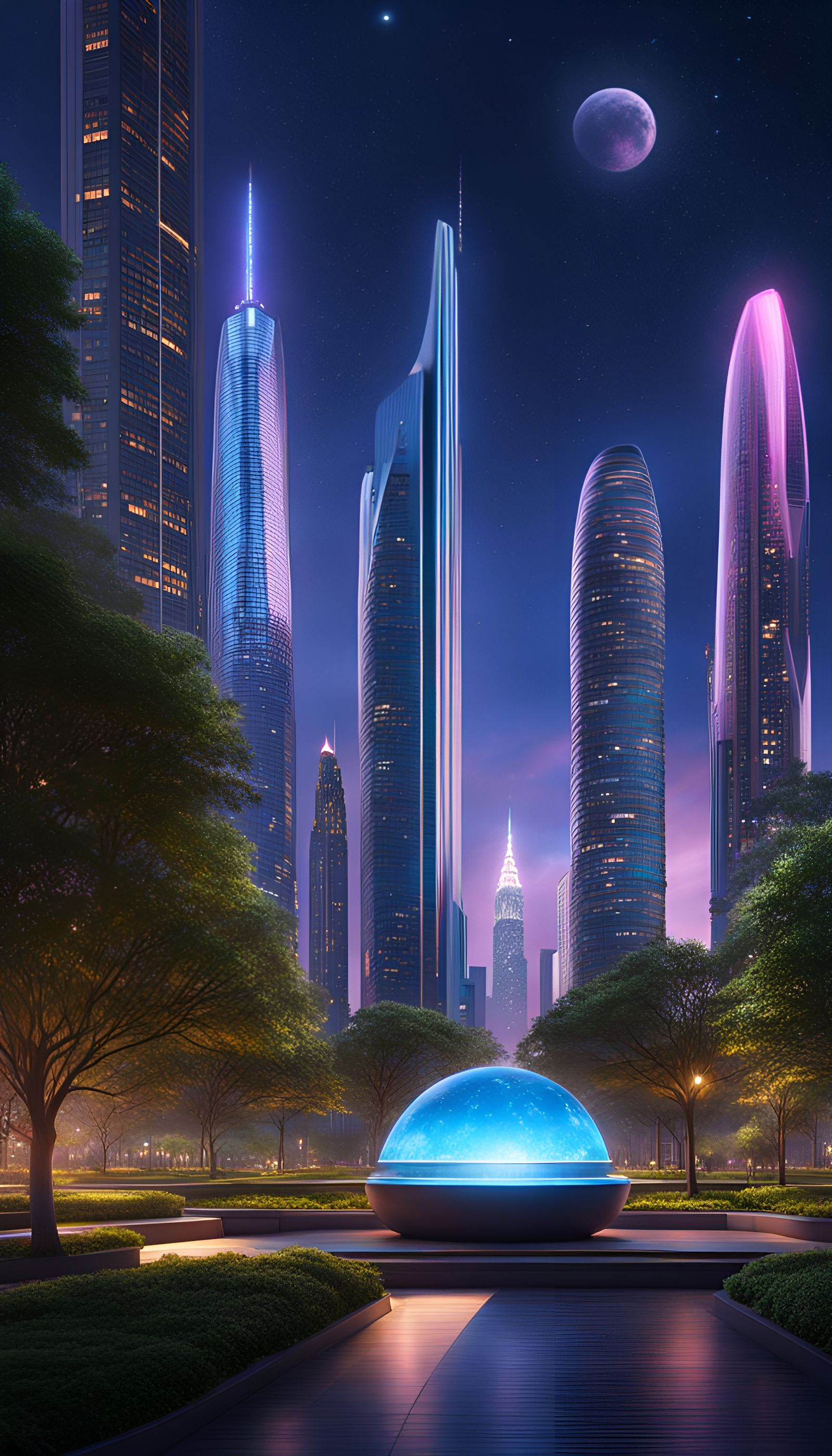Vibrant Park and Futuristic Cityscape at Night