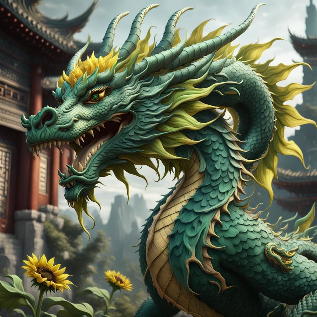 Green Sunflower Dragon in Detailed Matte Painting