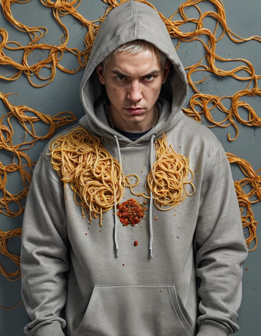 Eminem in Spaghetti Hoodie: Hyperrealistic Digital Portrait