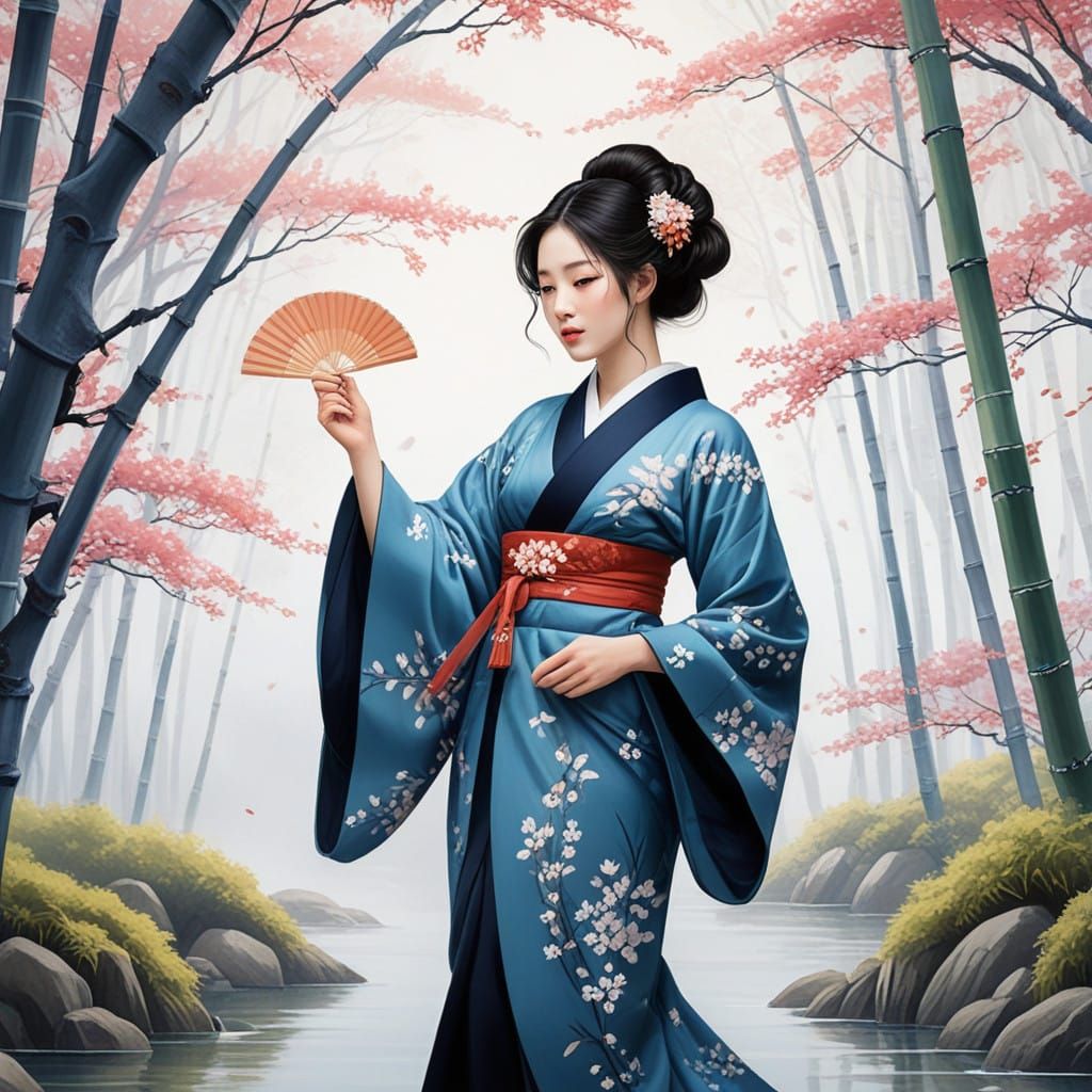 Serene Japanese Beauty Under Cherry Blossoms in Traditional...