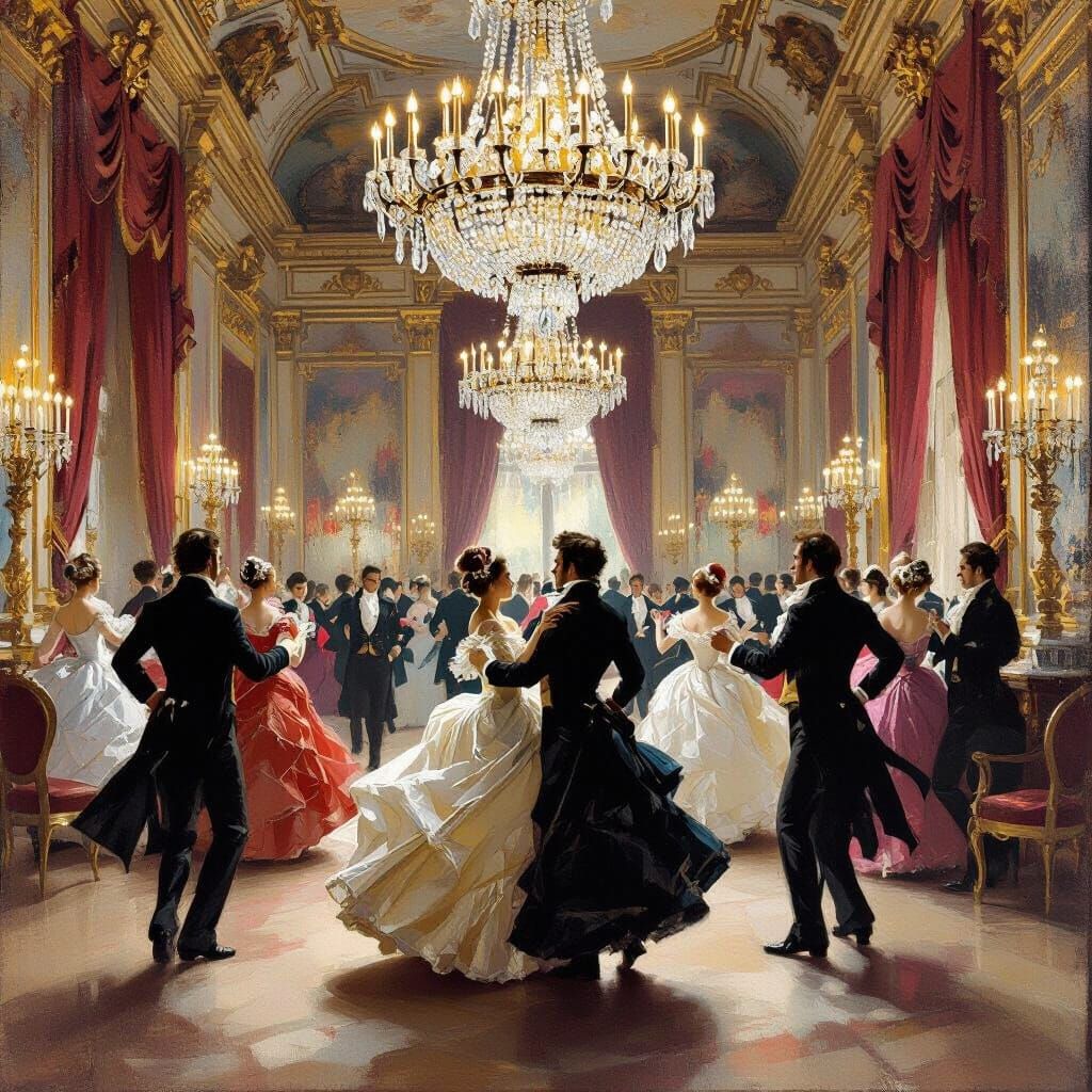 Baroque Ballroom Dance in Romantic Oil Painting Style