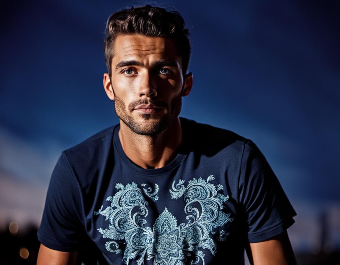 Detailed Close-Up of Man in Intricate T-Shirt