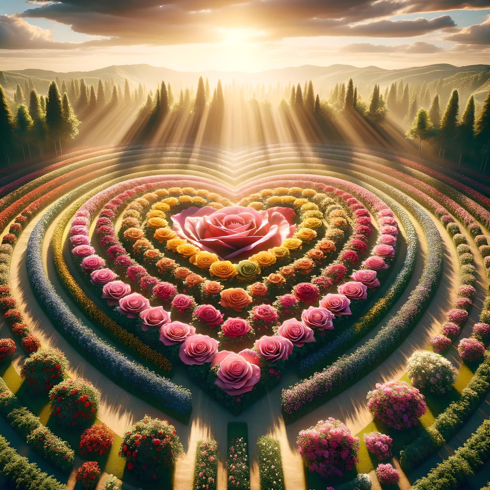 Heart-Shaped Rose Farm in Spectacular Sunlight