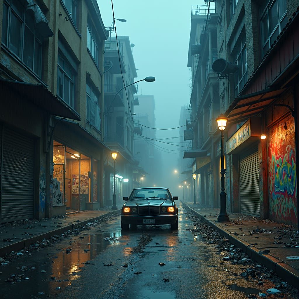 Dystopian Cityscape with Graffiti Art