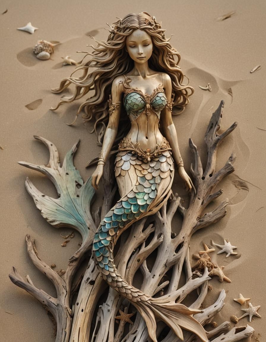 Driftwood Mermaid Sculpture on a Beach
