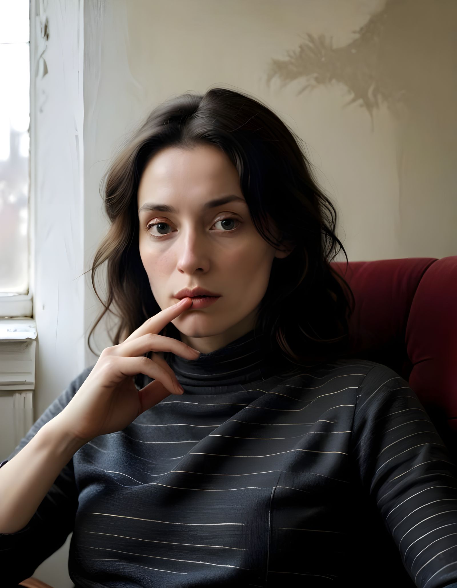 A Contemplative Woman in a Cozy Interior