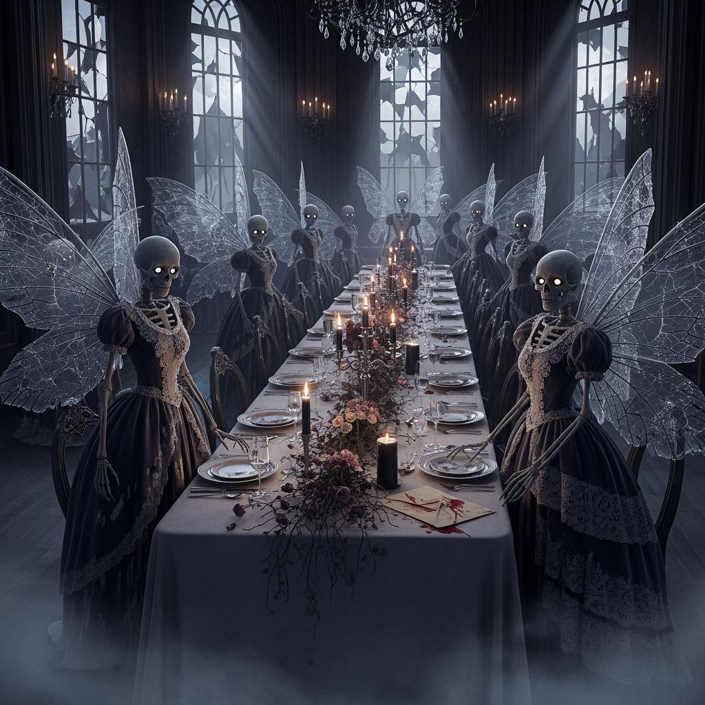 Haunted Ballroom with Ghostly Fairy Skeletons