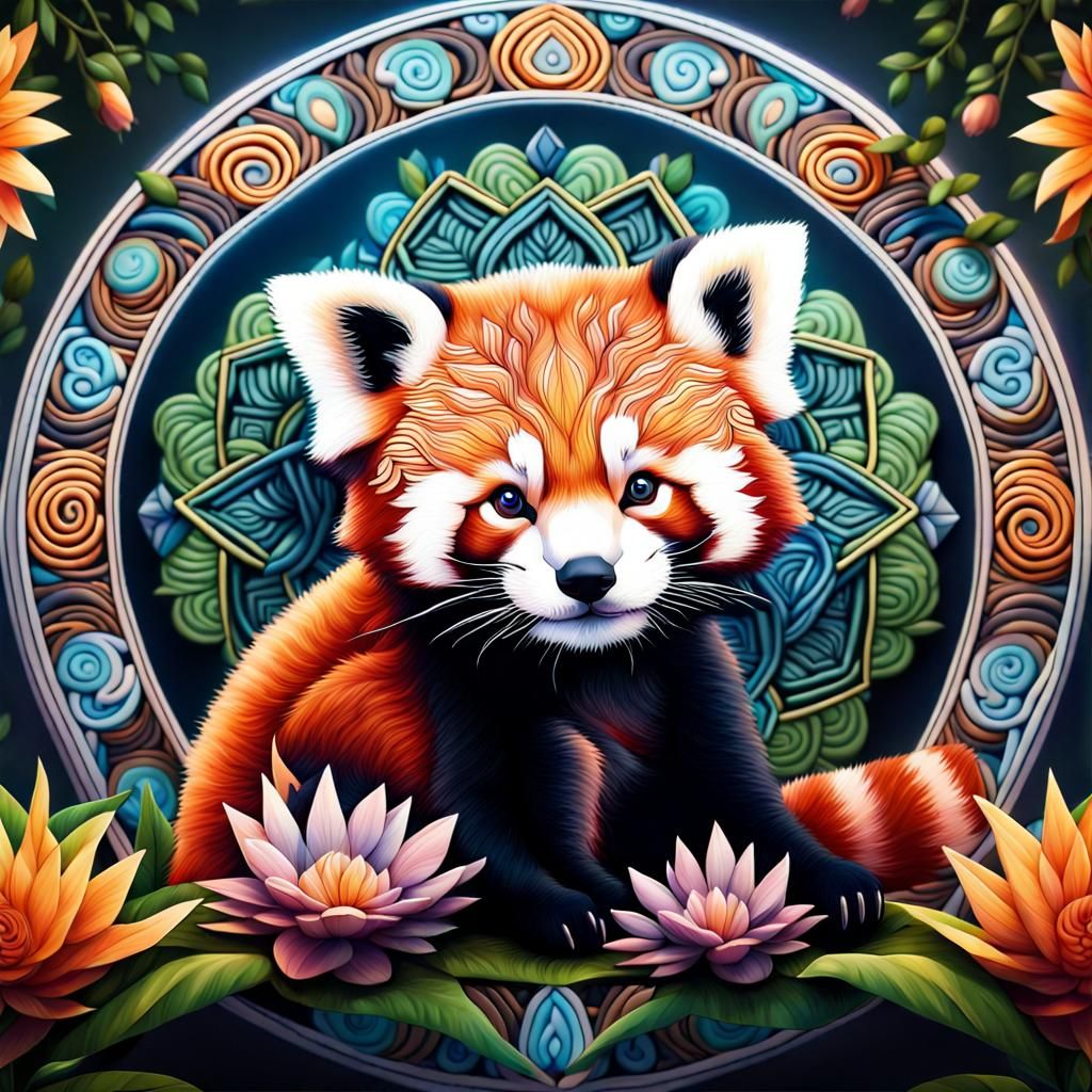 A peaceful baby redpanda in mandala world
