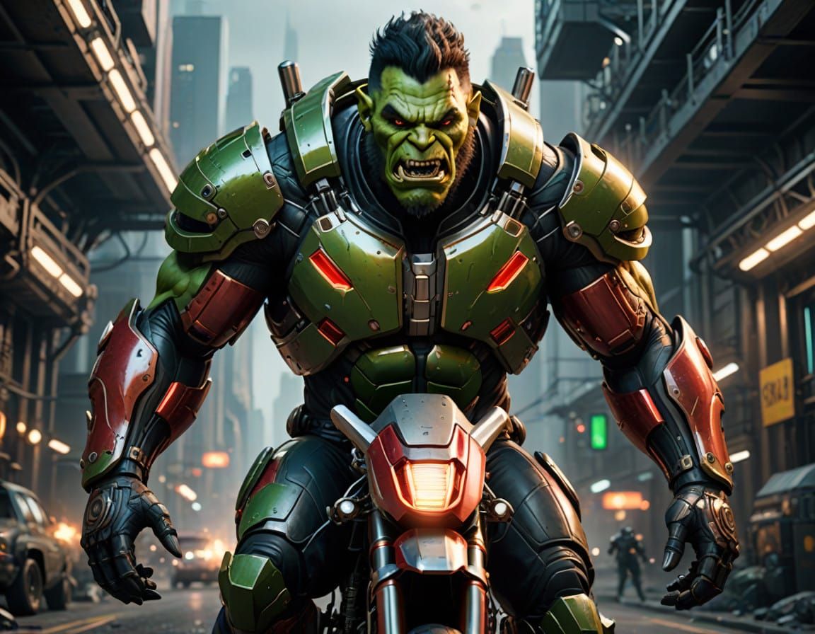 Muscular Sci-Fi Orc Rides Futuristic Flying Bike in Epic Sci...