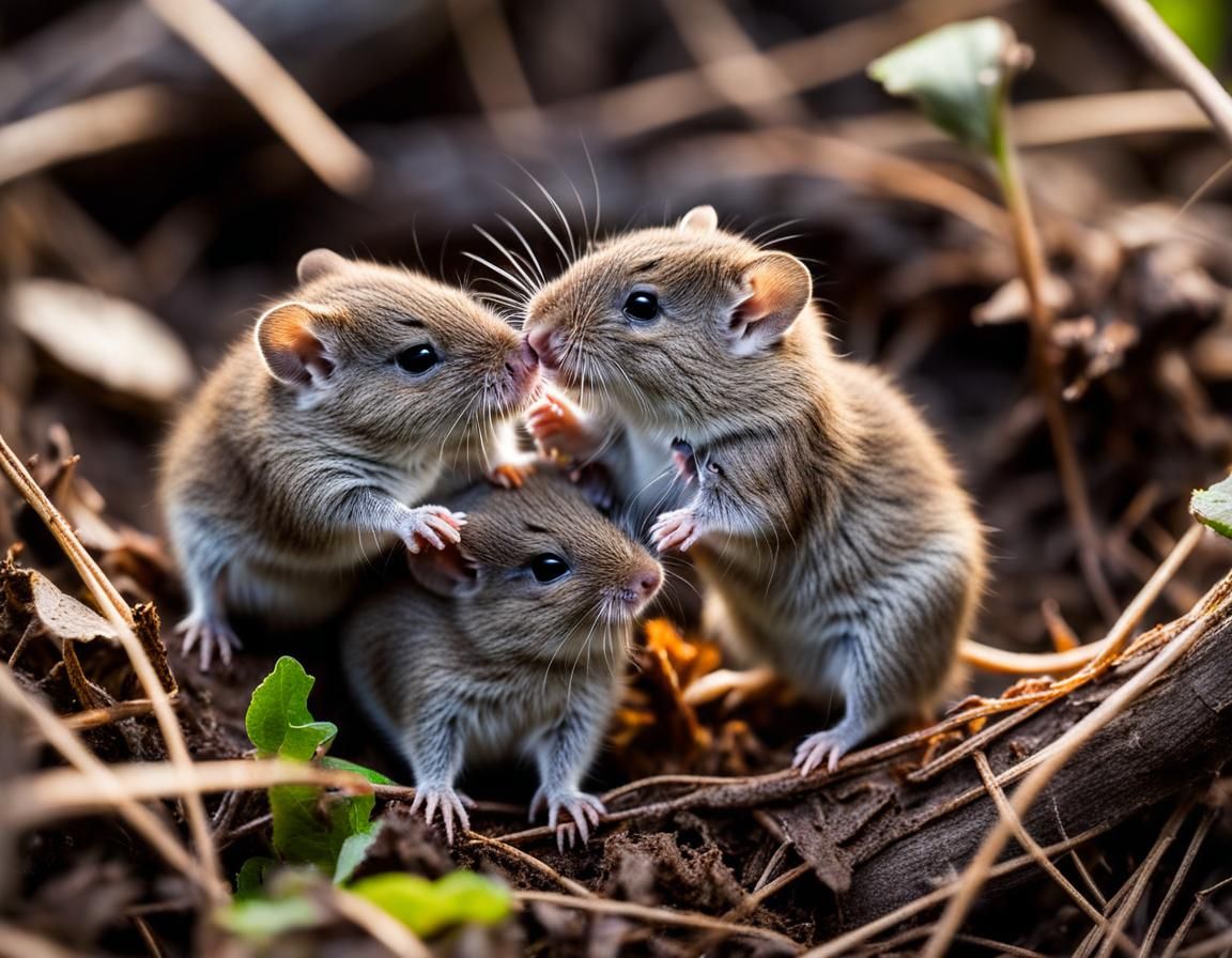 Cute Baby Voles Playing Together