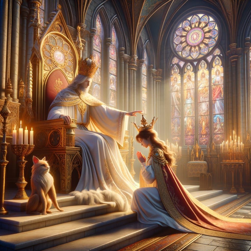 Spiritual Moment Between Divine Figure and Kneeling Woman