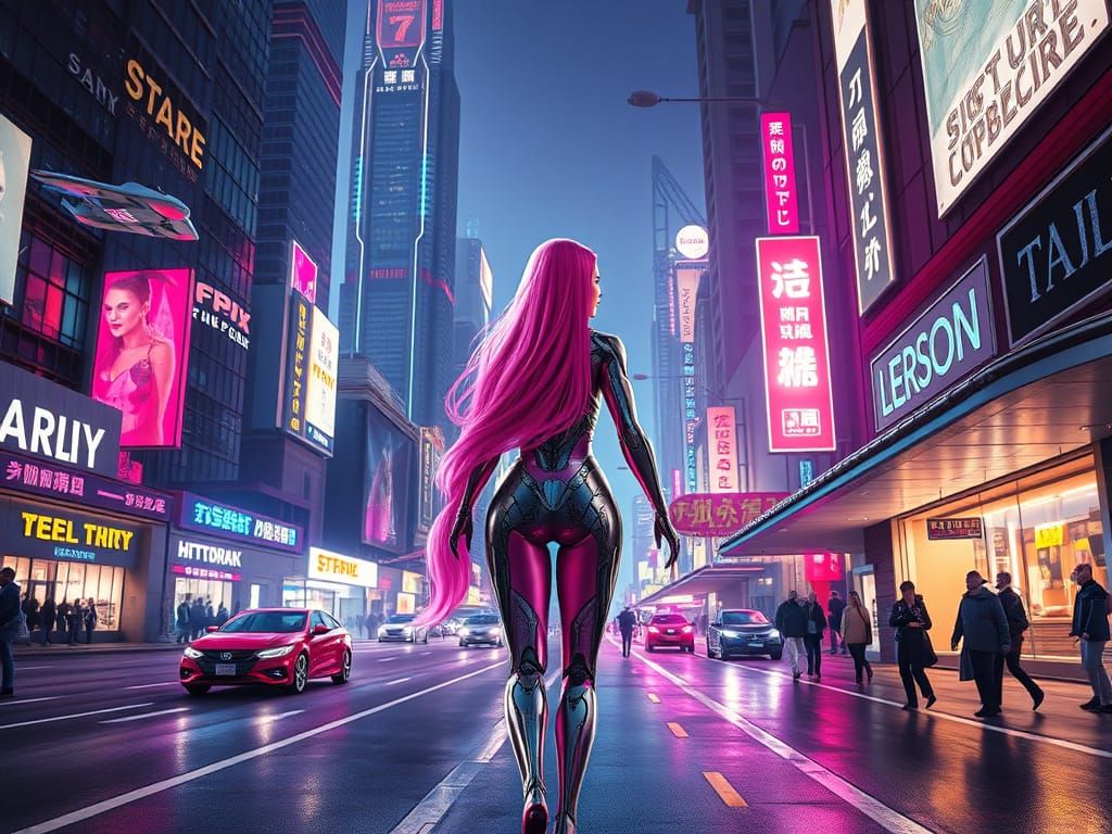 Cyborg Woman in Futuristic Neon Landscape