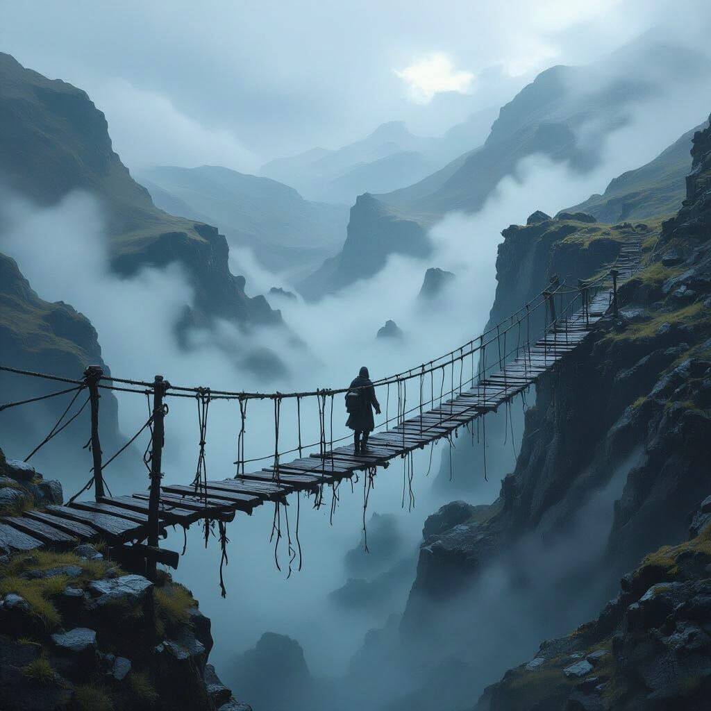 A lone traveler crossing a rickety rope bridge