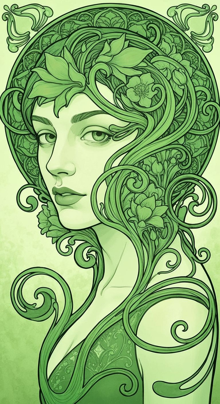 Art Nouveau Portrait with Green Hues and Botanical Motifs