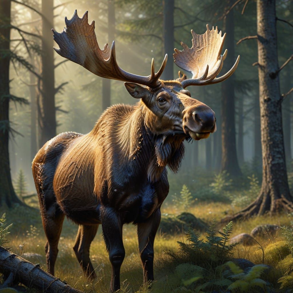Majestic Moose in Misty Forest Clearing, Oil Painting Style