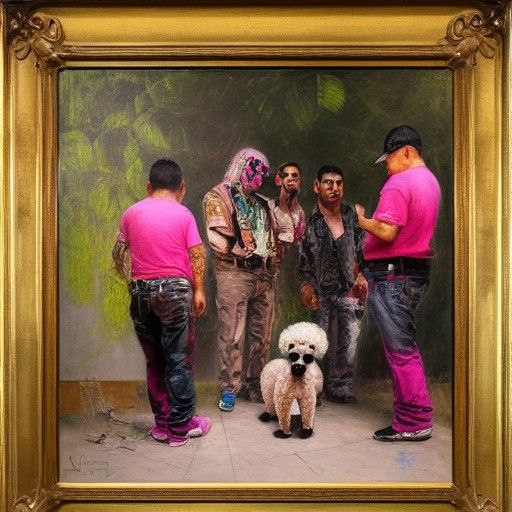 Mexican Gang with Poodle, Oil Painting