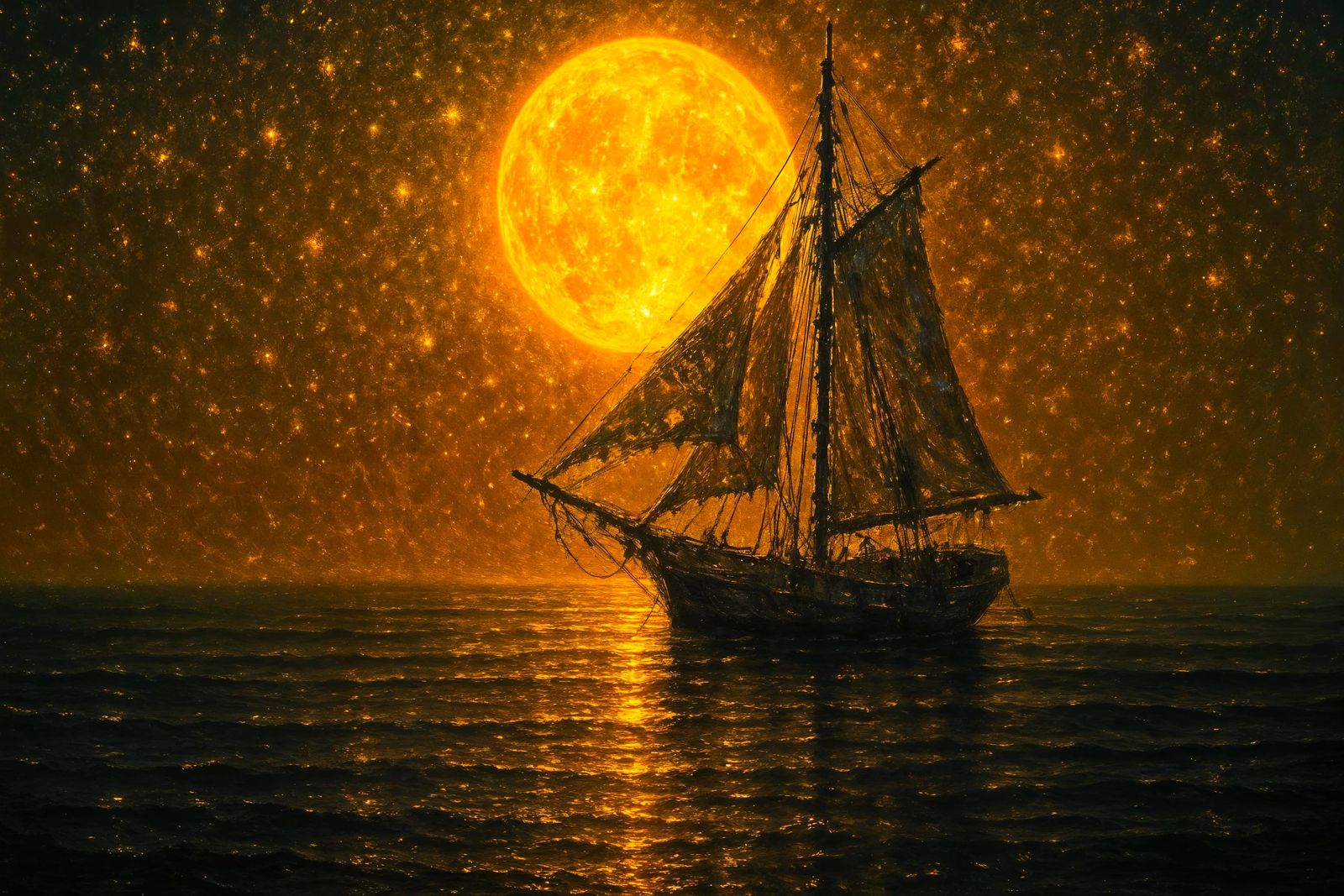 Neon Moonlit Sailboat in Detailed Impressionist Style